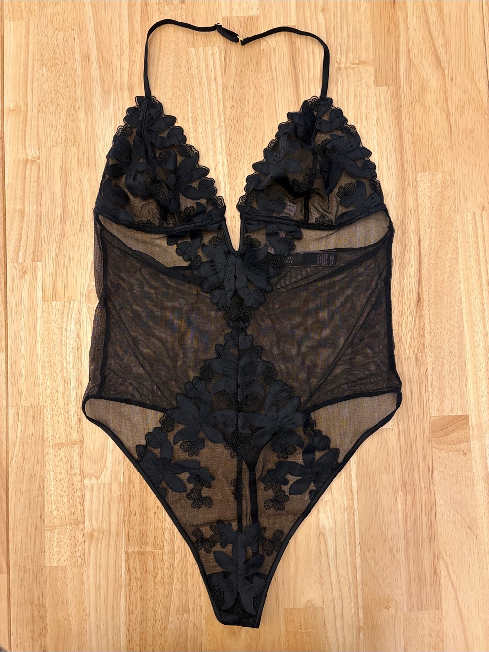 Victoria's Secret Black Sheer Floral Appliqué Bodysuit